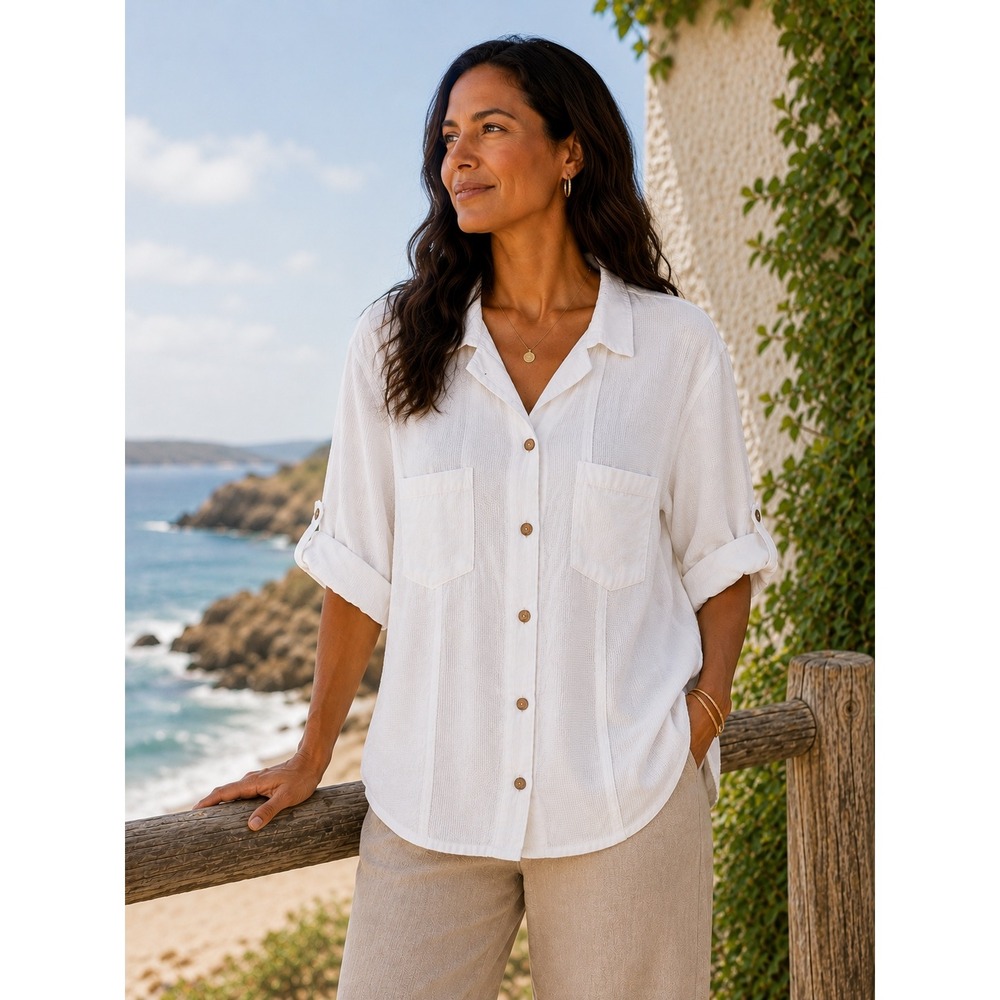 Sea Breeze‎ of California Cream Waffle Knit Cotton Roll Tab Button Down Shirt S